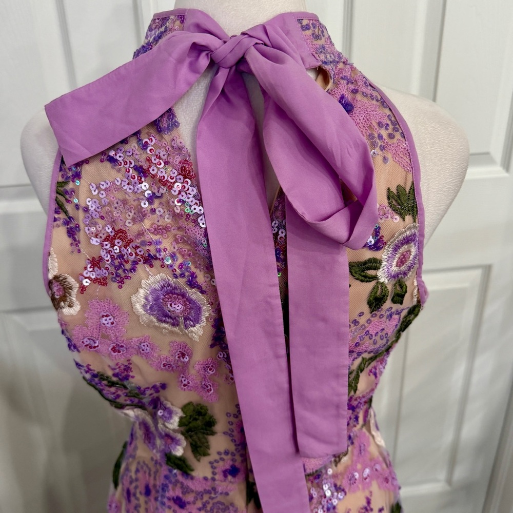 Sam Edelman Lavender Floral Lace Sequin High Neck Dress Small Formal Cocktail - Picture 6 of 16